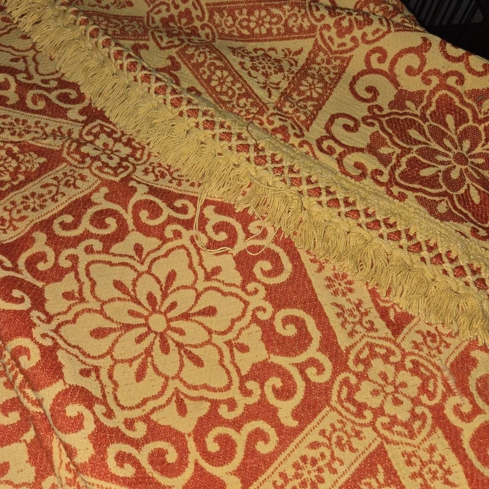 READ VTG‎ BATES Boho Twin Bedspread Fringed  MCM Red Yellow Mustard 70s Groovy